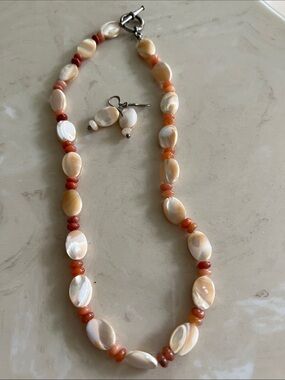 Shell and Coral-Bead Necklace & Earring Set in Cream and Orange